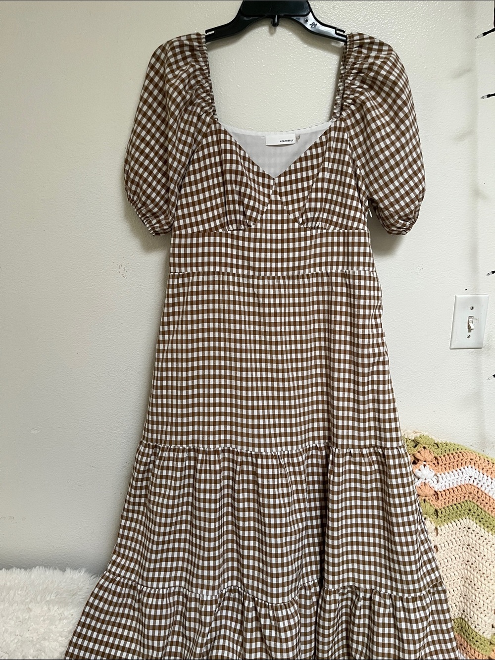 Gingham Puff-Sleeve Maxi Dress in Brown